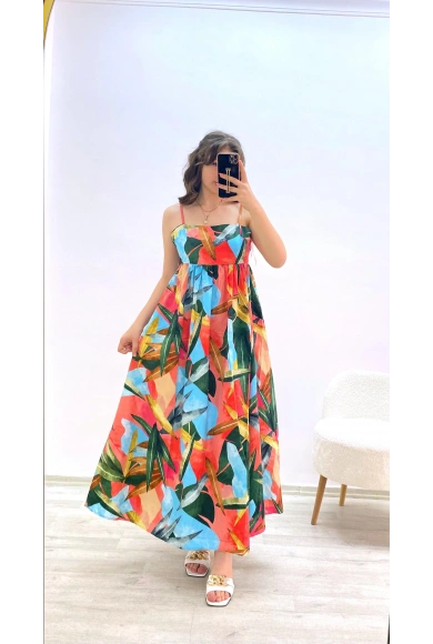 Renkli Desenli Uzun Elbise