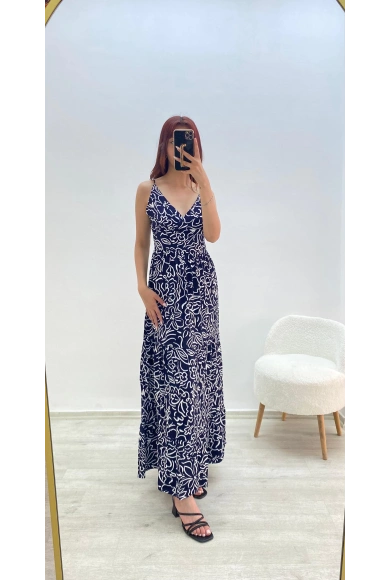 Askılı Belmando Desenli İp Askılı Elbise Siyah