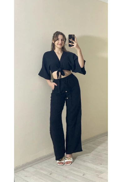 Siyah Müslin İkili Takım – Bağlamalı Crop Üst & Yüksek Bel Pantolon Siyah