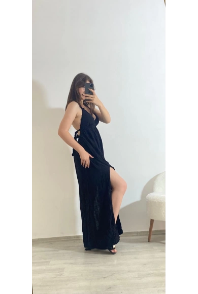 Askılı Yırtmaç Detaylı Yazlık Uzun Elbise Siyah