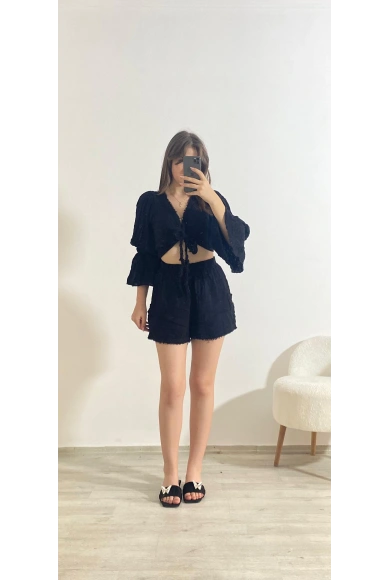 Büzgülü Crop Ve Şort İkili Yazlık Takım Siyah