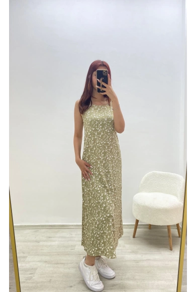 Askılı Çiçek Desenli Yazlık Elbise Yeşil