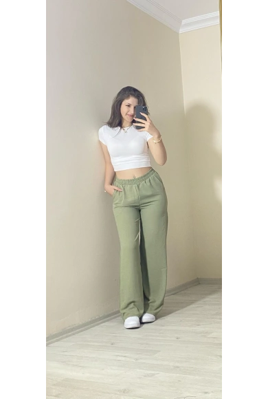 Yüksek Bel Beli Lastikli Bol Paça Pantolon – Haki