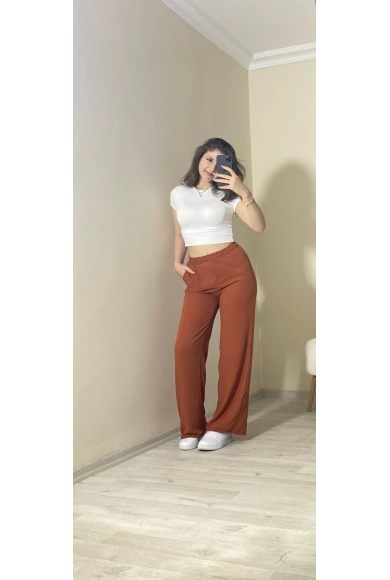 Yüksek Bel Beli Lastikli Bol Paça Pantolon – Kahve