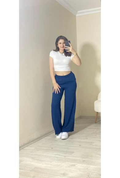 Yüksek Bel Beli Lastikli Bol Paça Pantolon – Lacivert