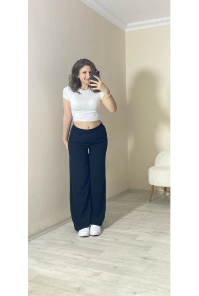 Yüksek Bel Beli Lastikli Bol Paça Pantolon – Siyah