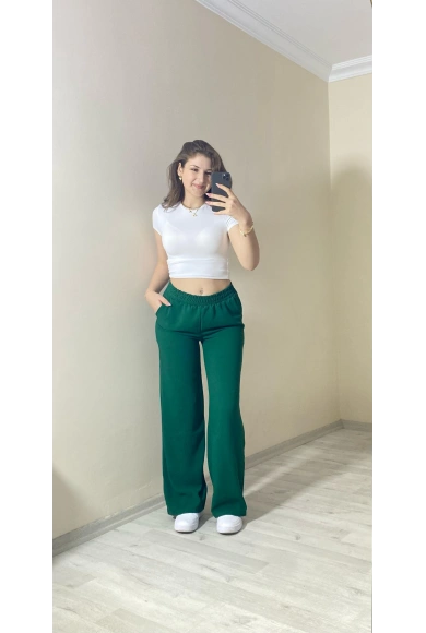 Yüksek Bel Beli Lastikli Bol Paça Pantolon – Zümrüt Yeşili