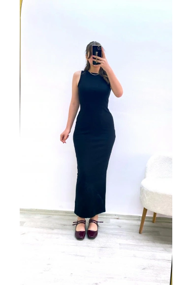 Kaşkorse Kumaş Maxi Boy Elbise Siyah