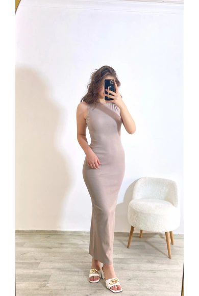 Kaşkorse Kumaş Maxi Boy Elbise Taş Rengi