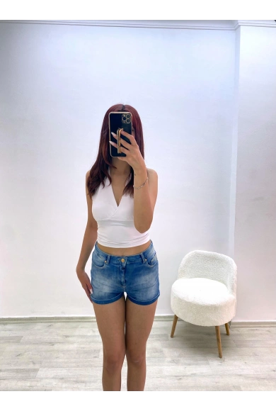 Yüksek Bel Jean Şort Koyu Mavi