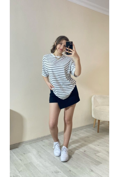 Lacivert Çizgili Oversize Tişört