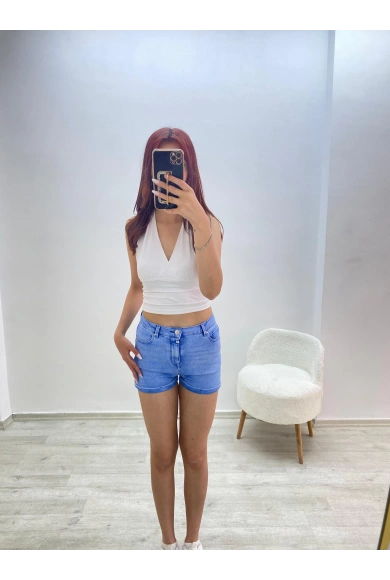Yüksek Bel Jean Şort Mavi
