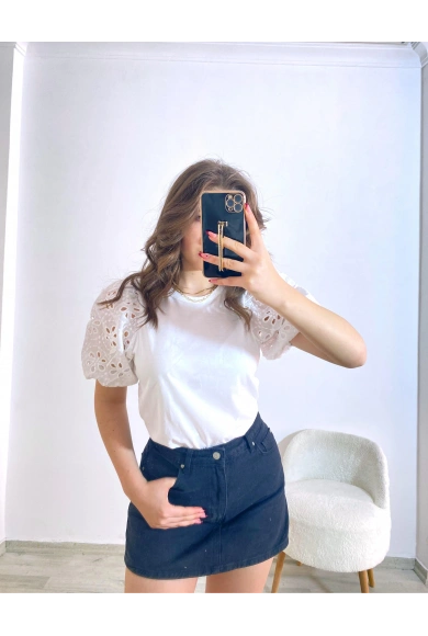 Örme Dantel Kol Tişört Beyaz