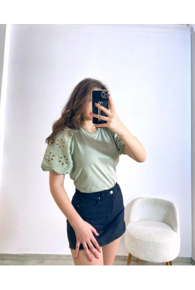 Örme Dantel Kol Tişört Haki