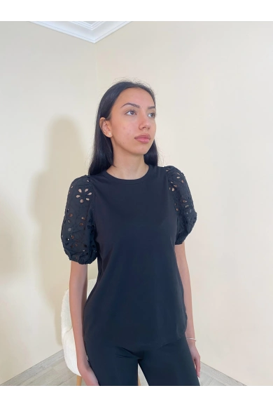 Örme Dantel Kol Tişört Siyah