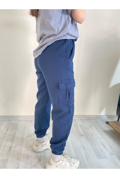 Palaskalı Yüksek Bel Kargo Cep Pantolon Lacivert