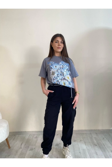 Palaskalı Yüksek Bel Kargo Cep Pantolon Siyah