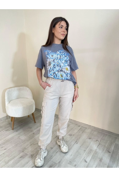 Palaskalı Yüksek Bel Kargo Cep Pantolon Taş Rengi