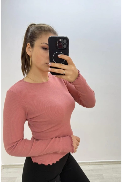 Soft Rib Basic Uzun Kollu Pembe Bluz