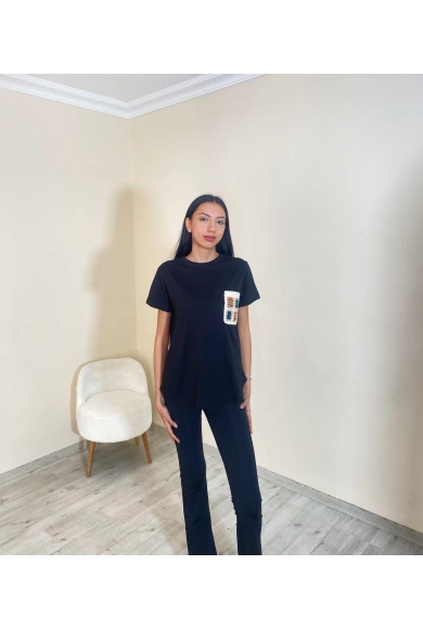 Süprem Cep Nakışlı Tişört Siyah