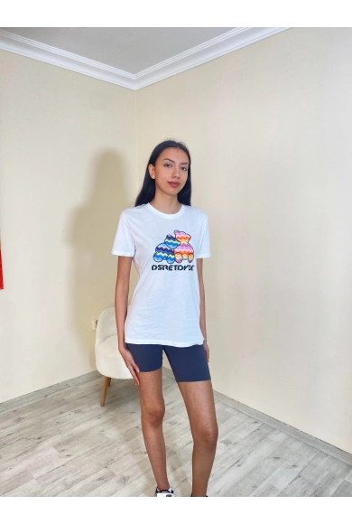 Süprem Renkli Ayı Oversize Tişört Beyaz