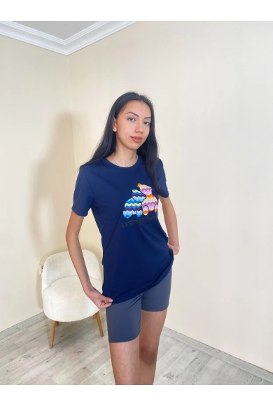 Süprem Renkli Ayı Oversize Tişört Lacivert