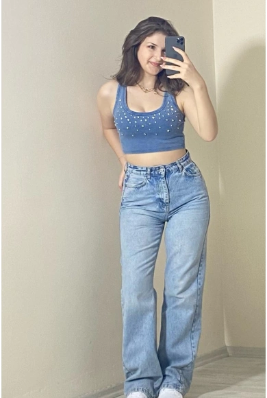 Taş Detaylı Kaşkorse Kumaş Crop Top Mavi
