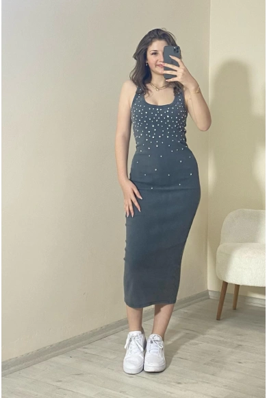 Taş Detaylı Kaşkorse Midi Elbise Siyah