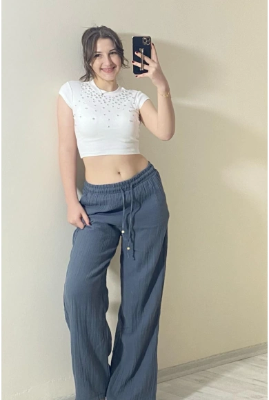 Taş İşlemeli Pamuk Dokuma Crop T-Shirt Beyaz