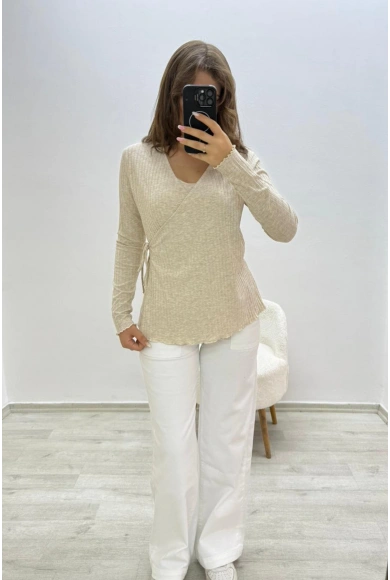 Yandan Bağlamalı Uzun Ekru Bluz