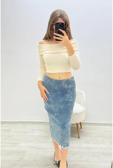 Yıkama Model Beli Lastikli Kalem Mavi Etek