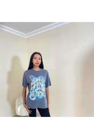 Yıkamalı Baskılı Oversize Tişört