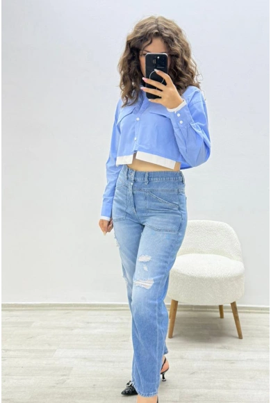 Yırtık Detaylı Mom Mavi Jean Pantolon