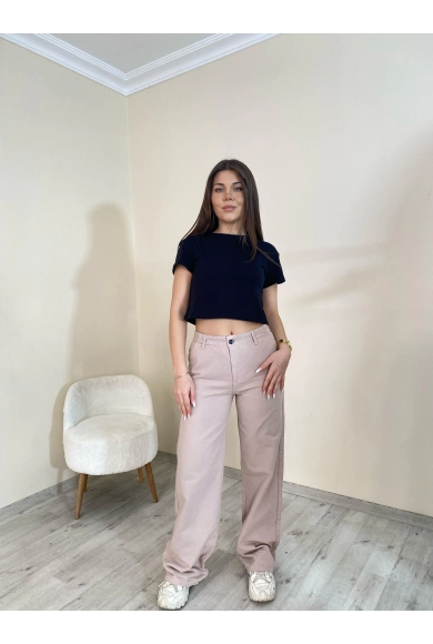 Yüksek Bel Düz Paça Gabardin Pantolon Koyu Taş Rengi