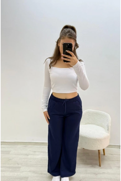 Yüksek Bel Beli Lastikli Lacivert Eşofman Altı