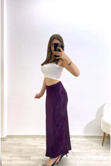 Yüksek Bel Mor Saten Uzun Etek