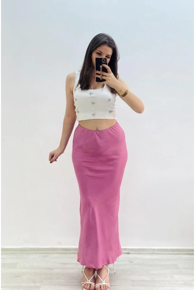 Yüksek Bel Pembe Saten Uzun Etek