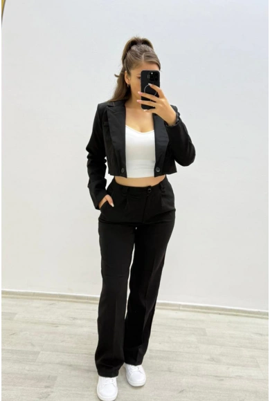 Yüksek Bel Siyah Siyah Takım