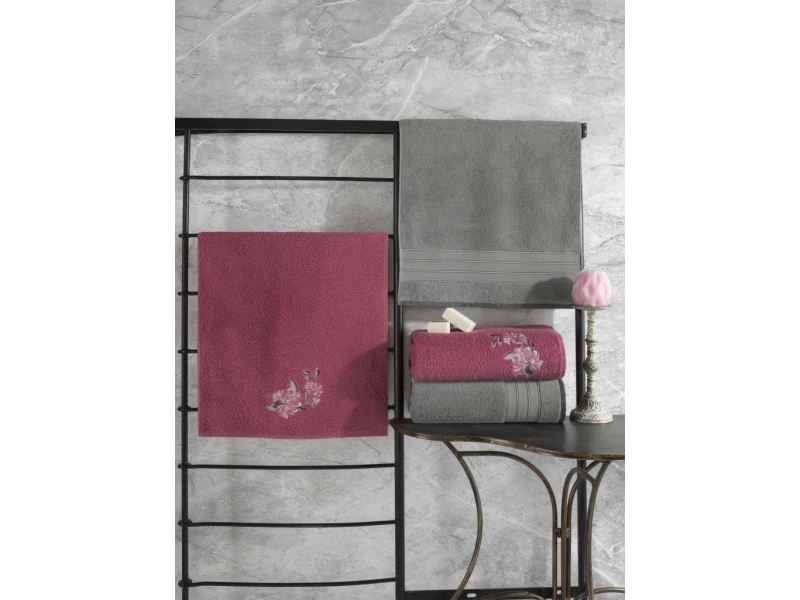 %100 Pamuk Hamam Havlu Seti Colorful Gri-Pembe