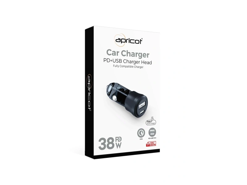 Apricot Araç Şarj Cihazı 2 Port 38W PD + USB Apricot APC-CC38 Siyah
