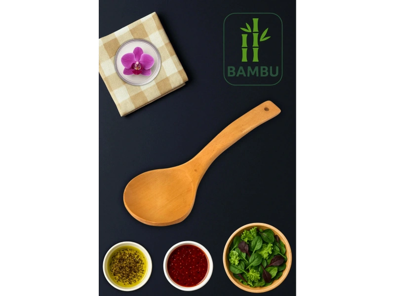 Bambu Eğri Büyük Kaşık - Delikli, Ergonomik, Çizmez Ahşap Kaşık 1 Adet 26cm
