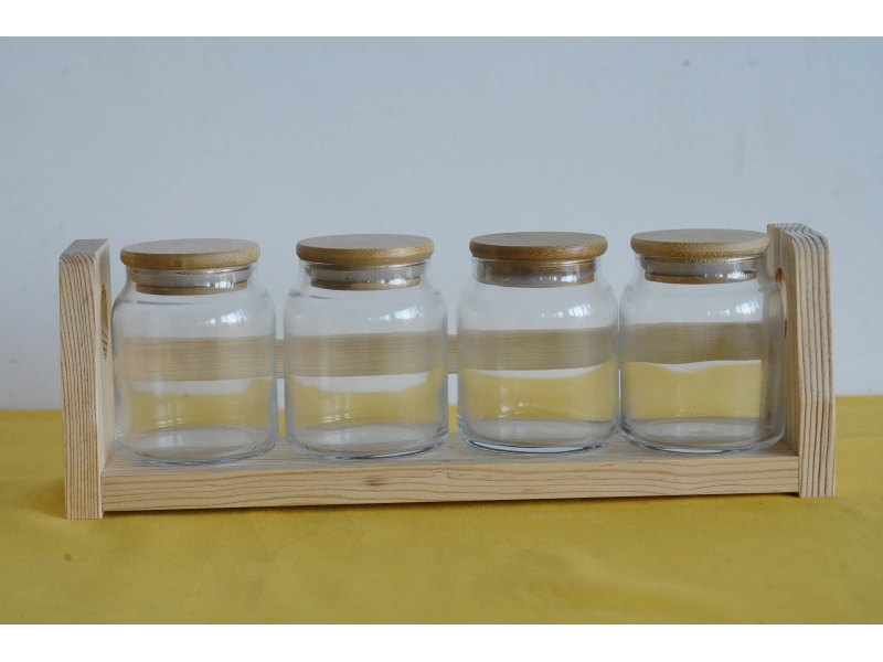 Bambu Kapaklı 4lü Cam Baharatlık