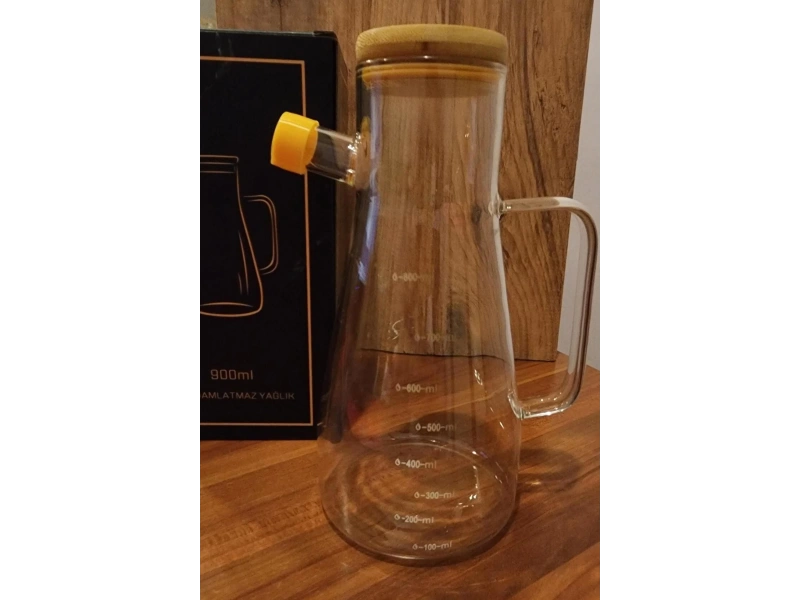 Borosilikat Damlatmaz Bambu Kapaklı Cam Yağlık 900ml