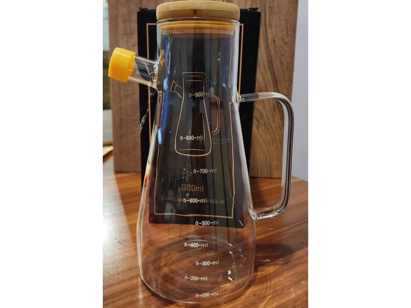 Borosilikat Damlatmaz Bambu Kapaklı Cam Yağlık 900ml