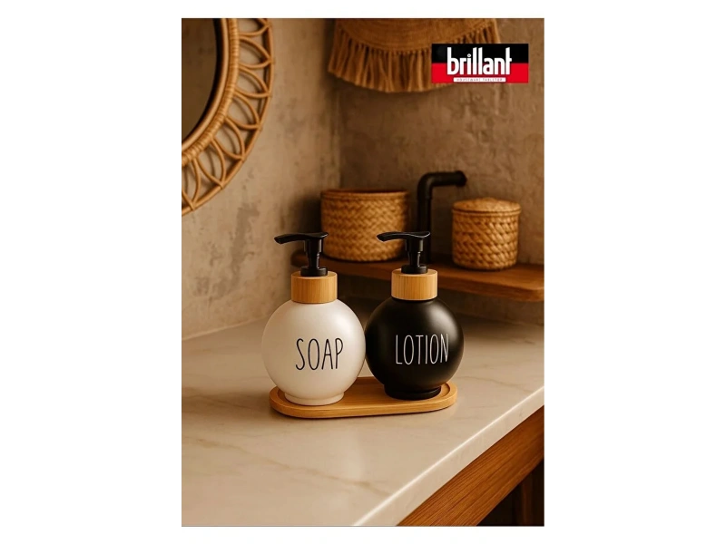 Brillant Bambu Standlı Lüks Sıvı Sabunluk 2li 500 ml Siyah-Beyaz