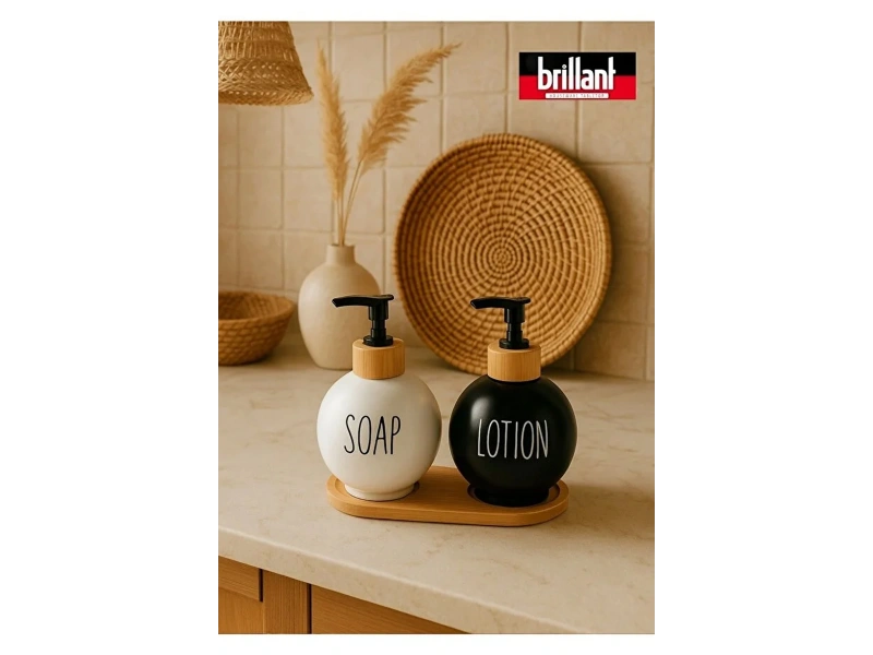 Brillant Bambu Standlı Lüks Sıvı Sabunluk 2li 500 ml Siyah-Beyaz