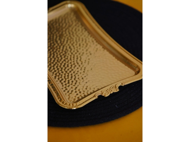 Cooker Dikdörtgen Dövme Desenli Gold Metal Sunum Tepsi 25x17 cm