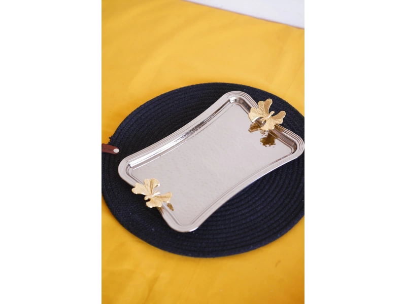 Cooker Dikdörtgen Dövme Desenli Kelebekli Kulplu Metal Tepsi 25x17 cm
