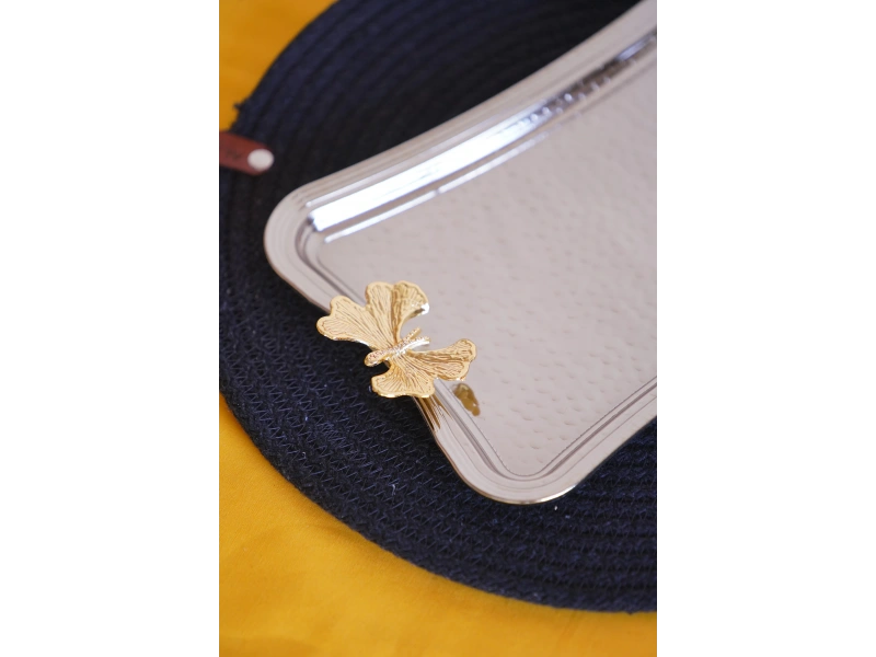 Cooker Dikdörtgen Dövme Desenli Kelebekli Kulplu Metal Tepsi 25x17 cm