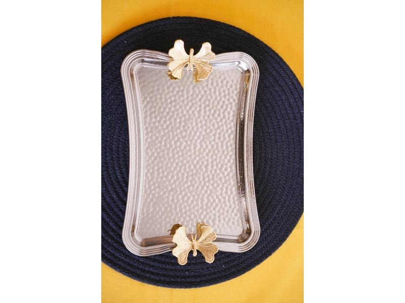 Cooker Dikdörtgen Dövme Desenli Kelebekli Kulplu Metal Tepsi 25x17 cm